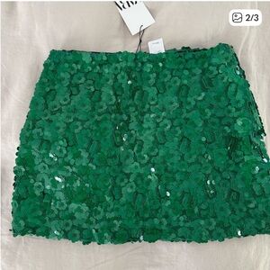 Zara Green Sequin Floral Mini Skirt